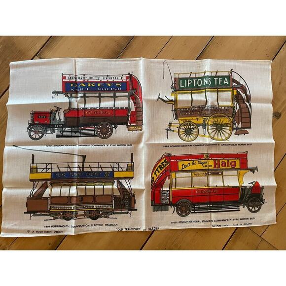 Vintage Linen Tea Towel "Old Transport'' Ulster. Hugh Evelyn Design 30"x20" - Picture 1 of 4